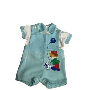 Vintage Boys 2 Piece Summer Shortalls Romper Shorts Puppy Dog Clown Embroidery